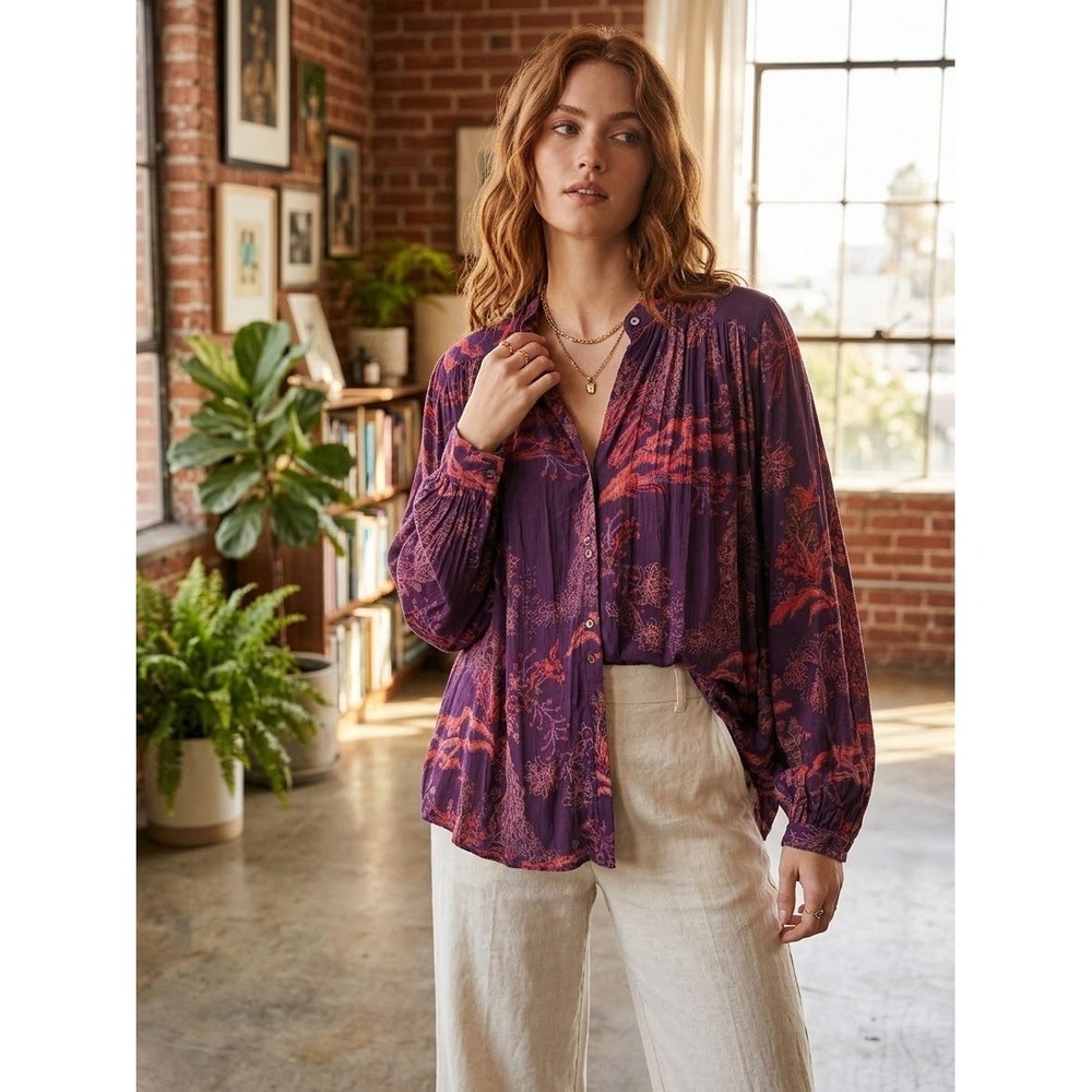 Free People One Daliah Printed Top Purple Red Floral Peacock Button Down XS